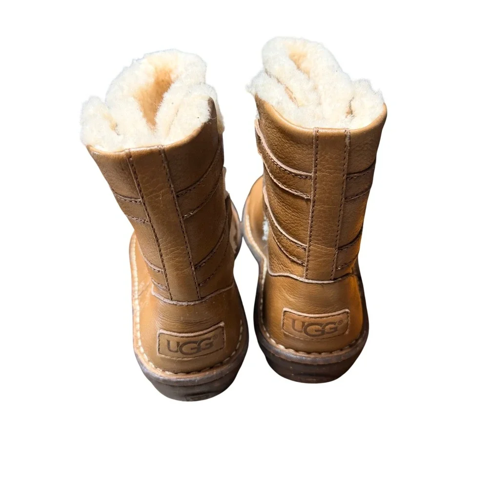 UGG Sunburst Tall Tan Brown Leather Shearling Lace Up Boots 1932 Womens 8